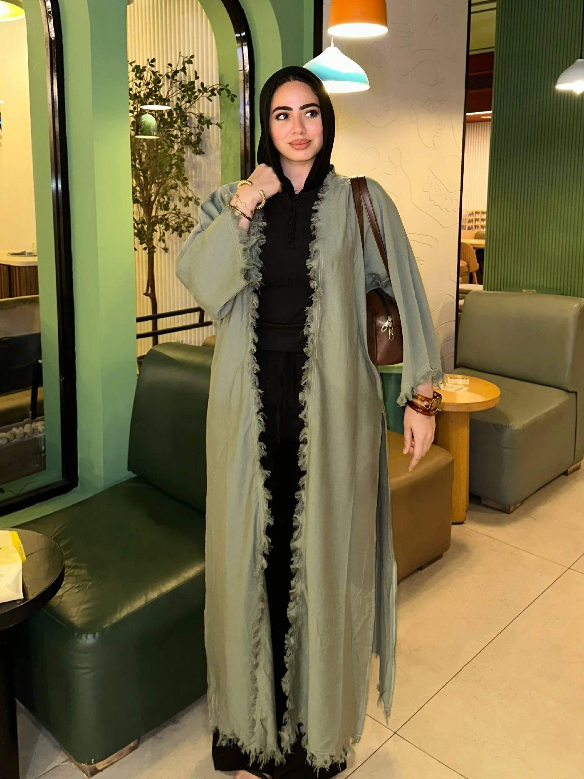Sage Green Kimono Abaya With Black Basics