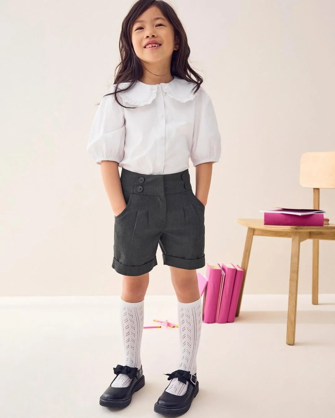 School Uniform Playful Puff Sleeve With Pleated Shorts