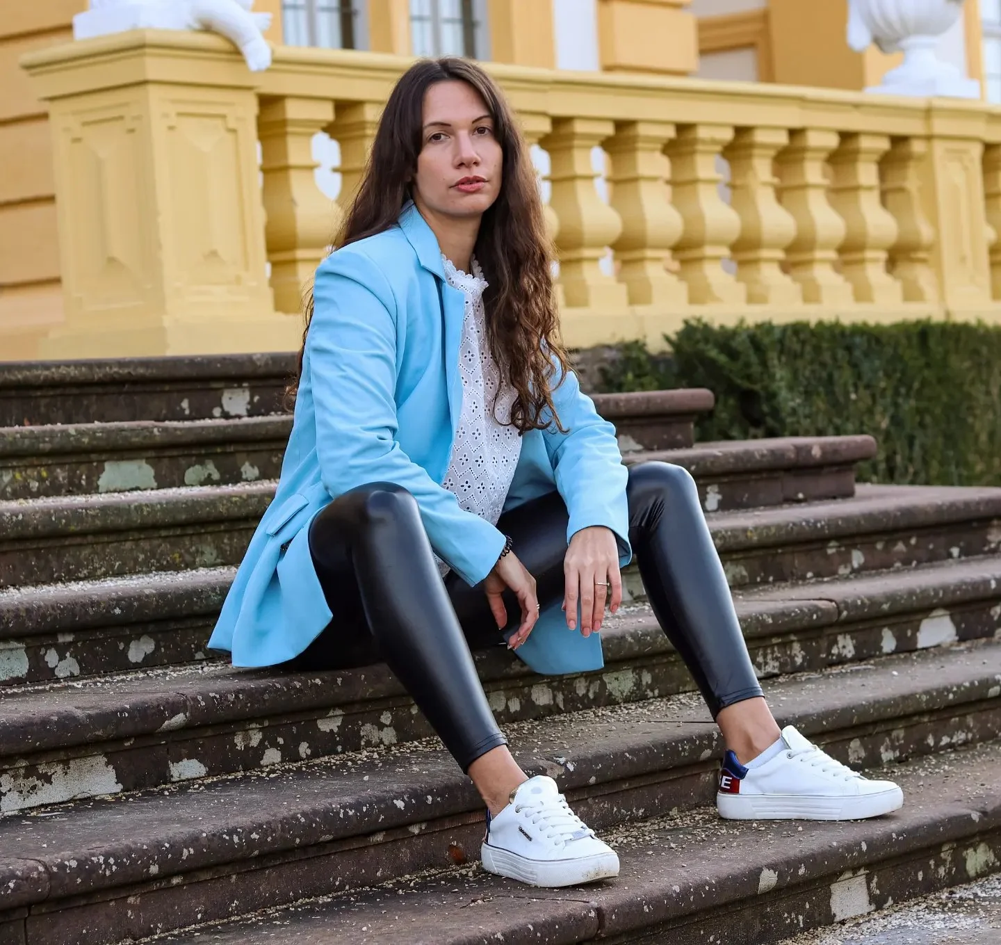 Sky Blue Blazer With Leather Leggings And White Sneakers