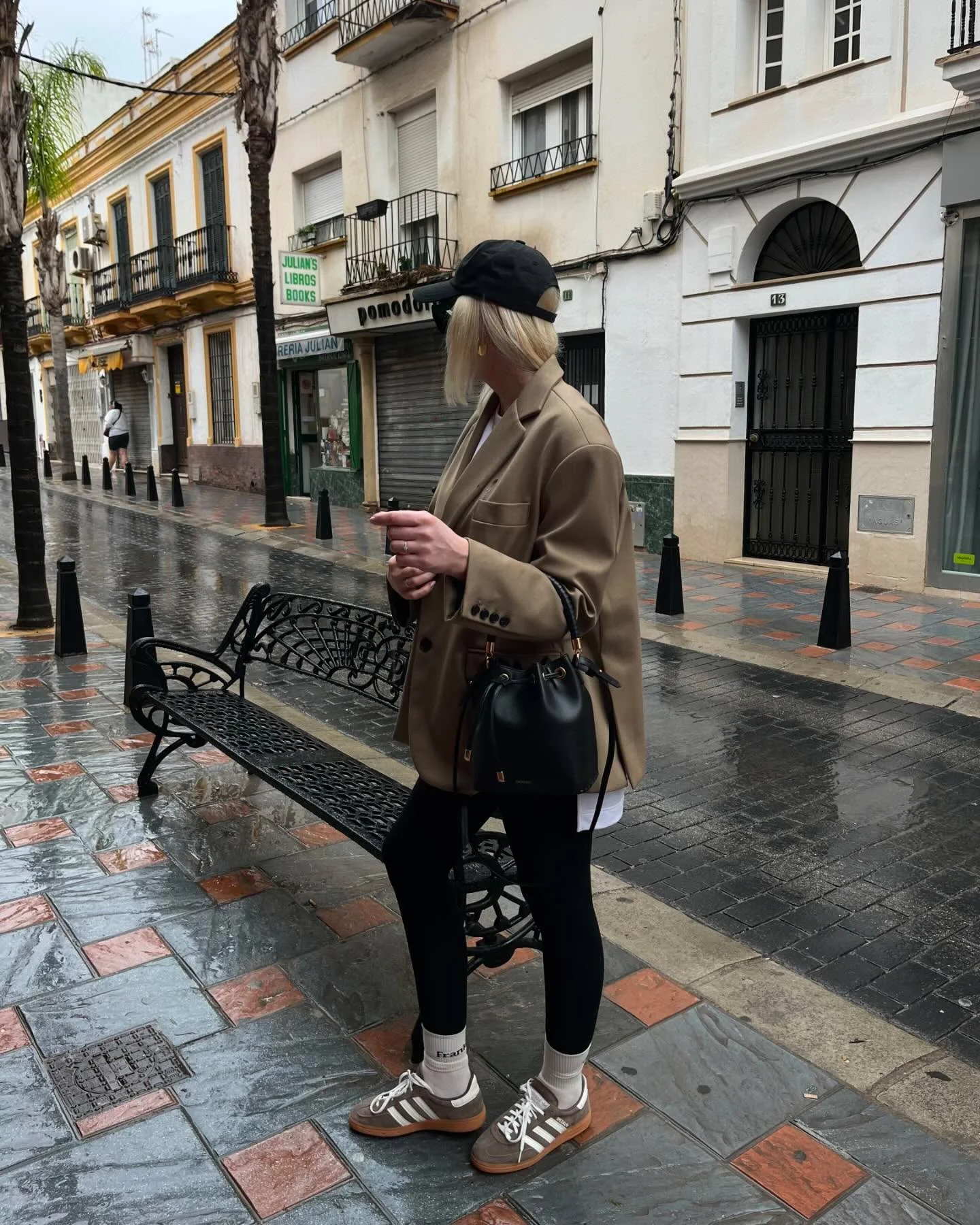 Smart Casual Blazer With Black Leggings And Sneakers