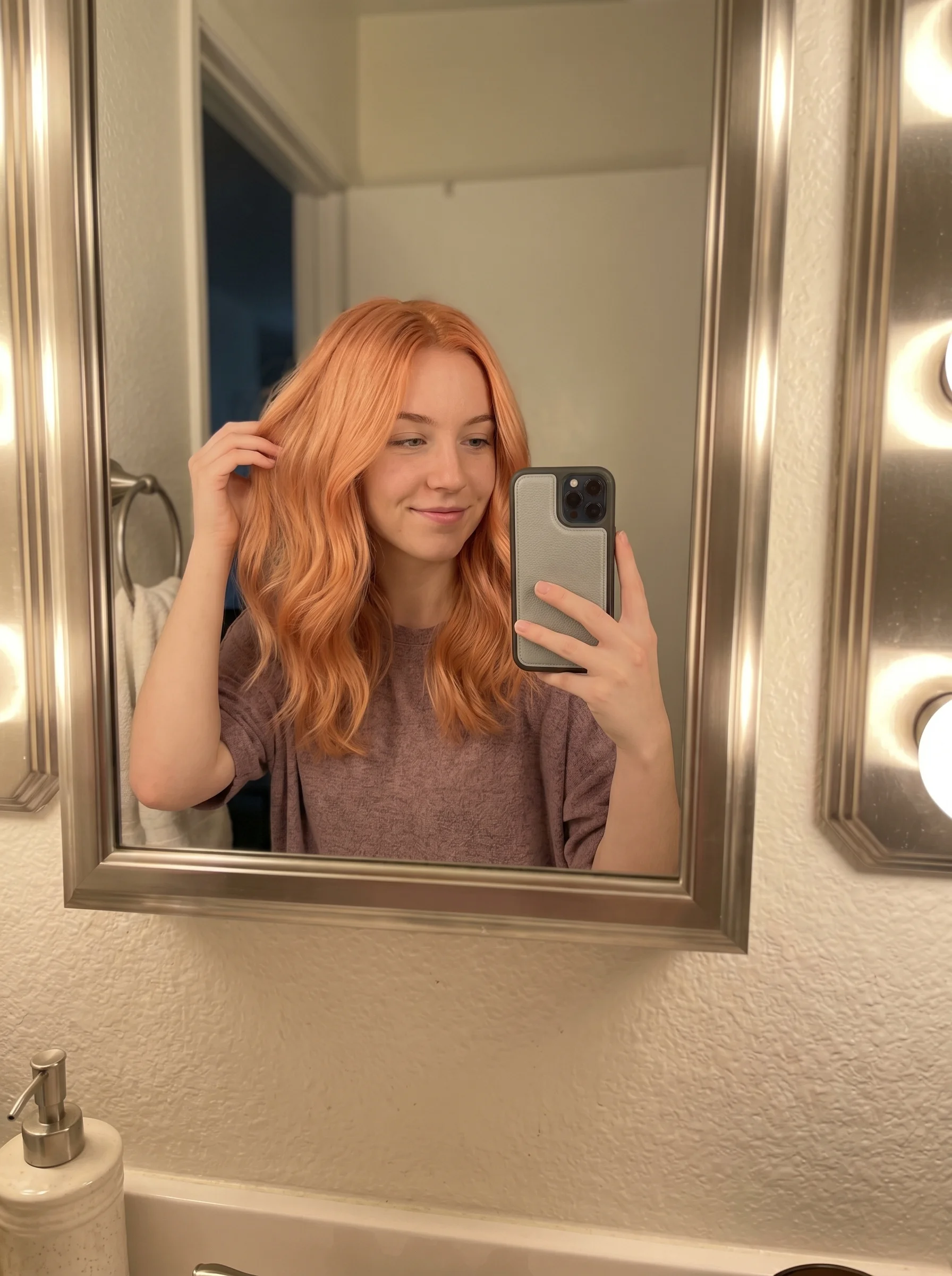 Soft and ethereal 'Peach-Copper Glossing' for copper hair summer ideas 2026, featuring Peach Fuzz and soft copper hues with a strawberry blonde sheen.