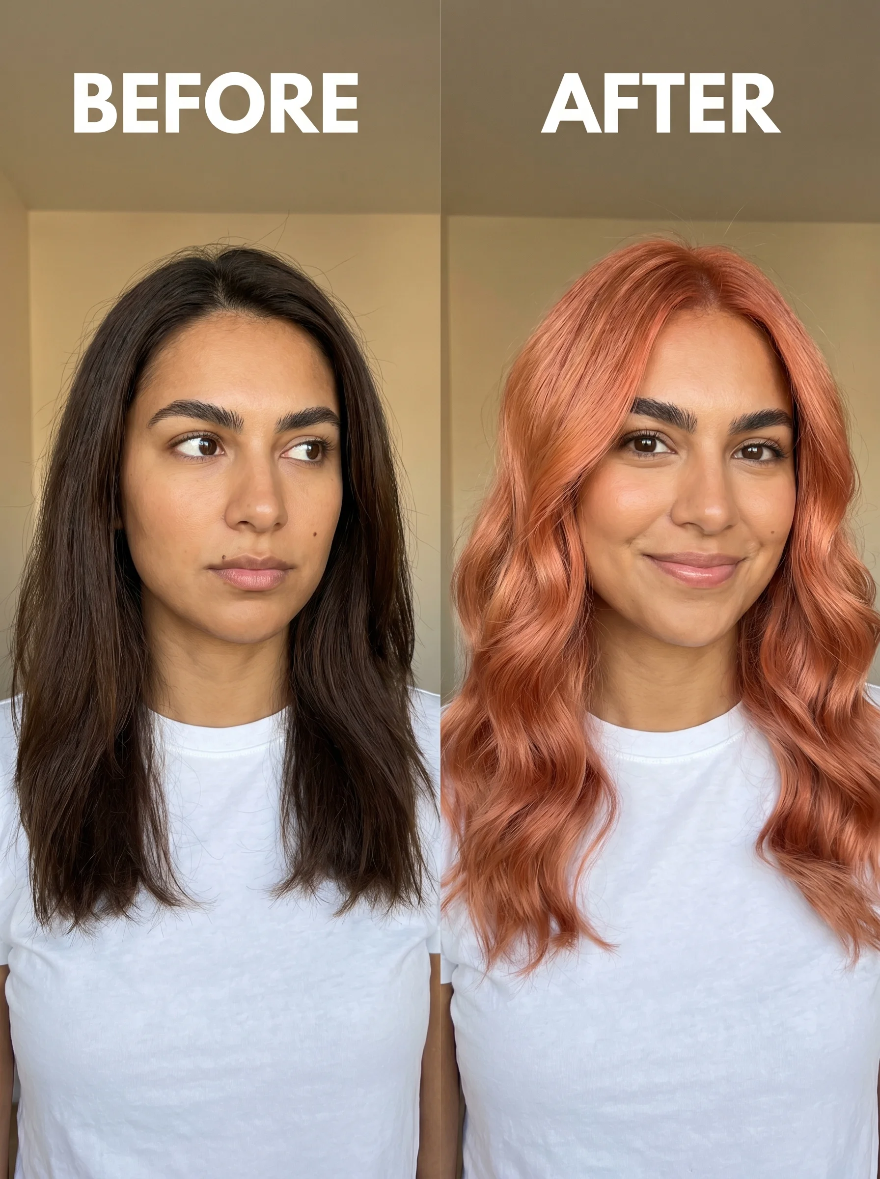 Soft, radiant peach-copper hair with a glossy finish, ideal for 'copper hair summer ideas 2026' and beach days. Features subtle strawberry blonde highlights.
