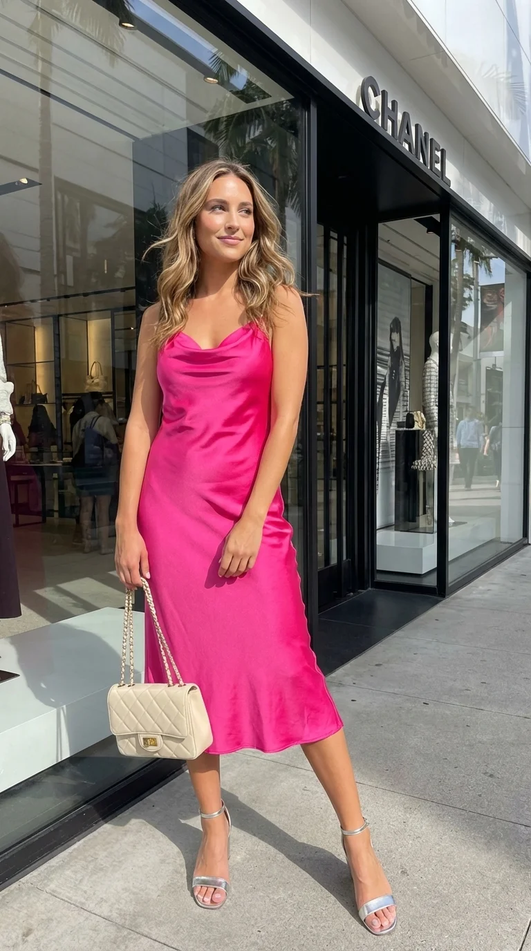 Sophisticated sweet sixteen birthday dresses 2026 with a hot pink satin slip dress, silver strappy sandals, and an ivory mini bag.