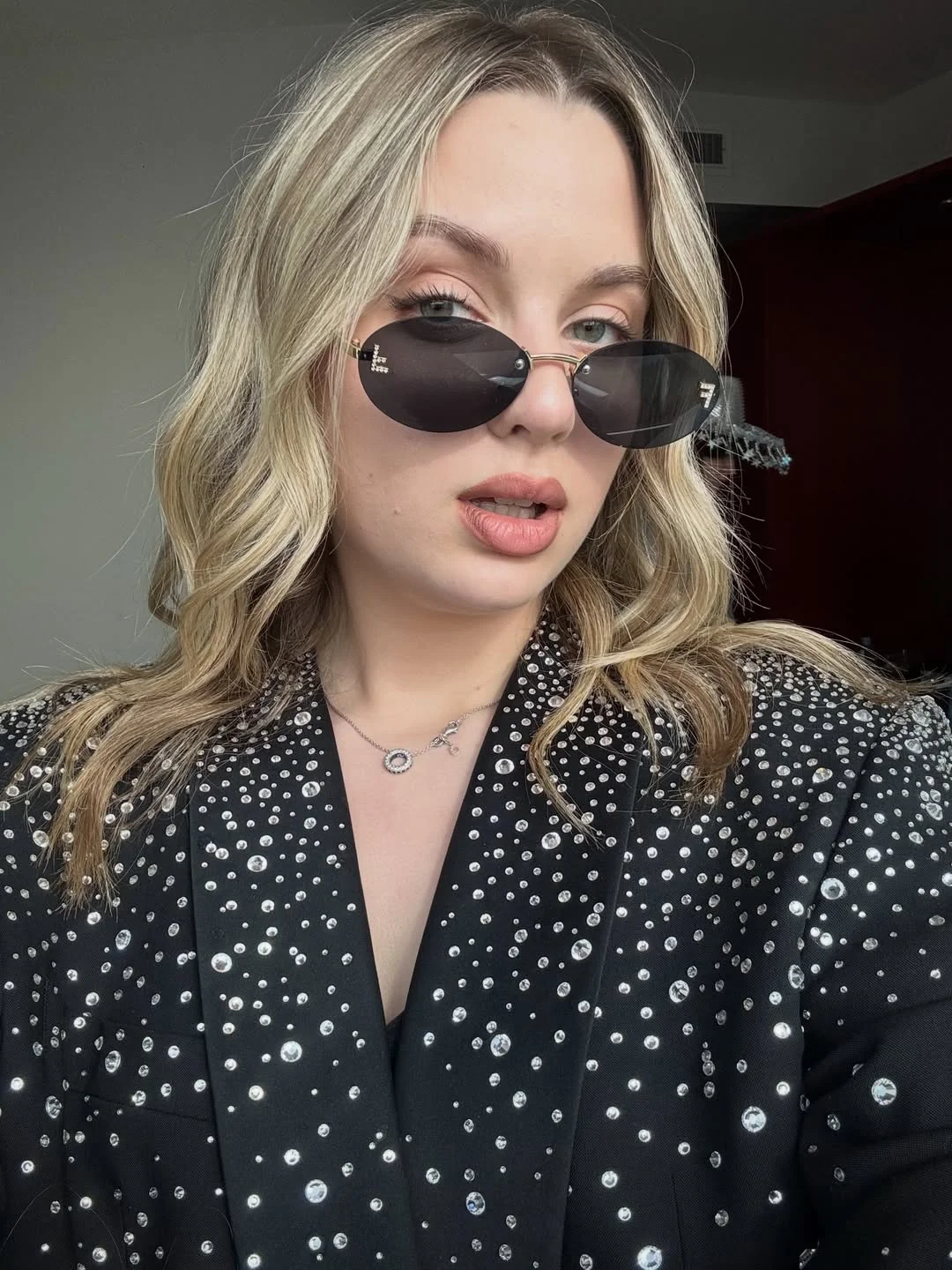 Sparkling Statement Blazer With Oval Sunglasses