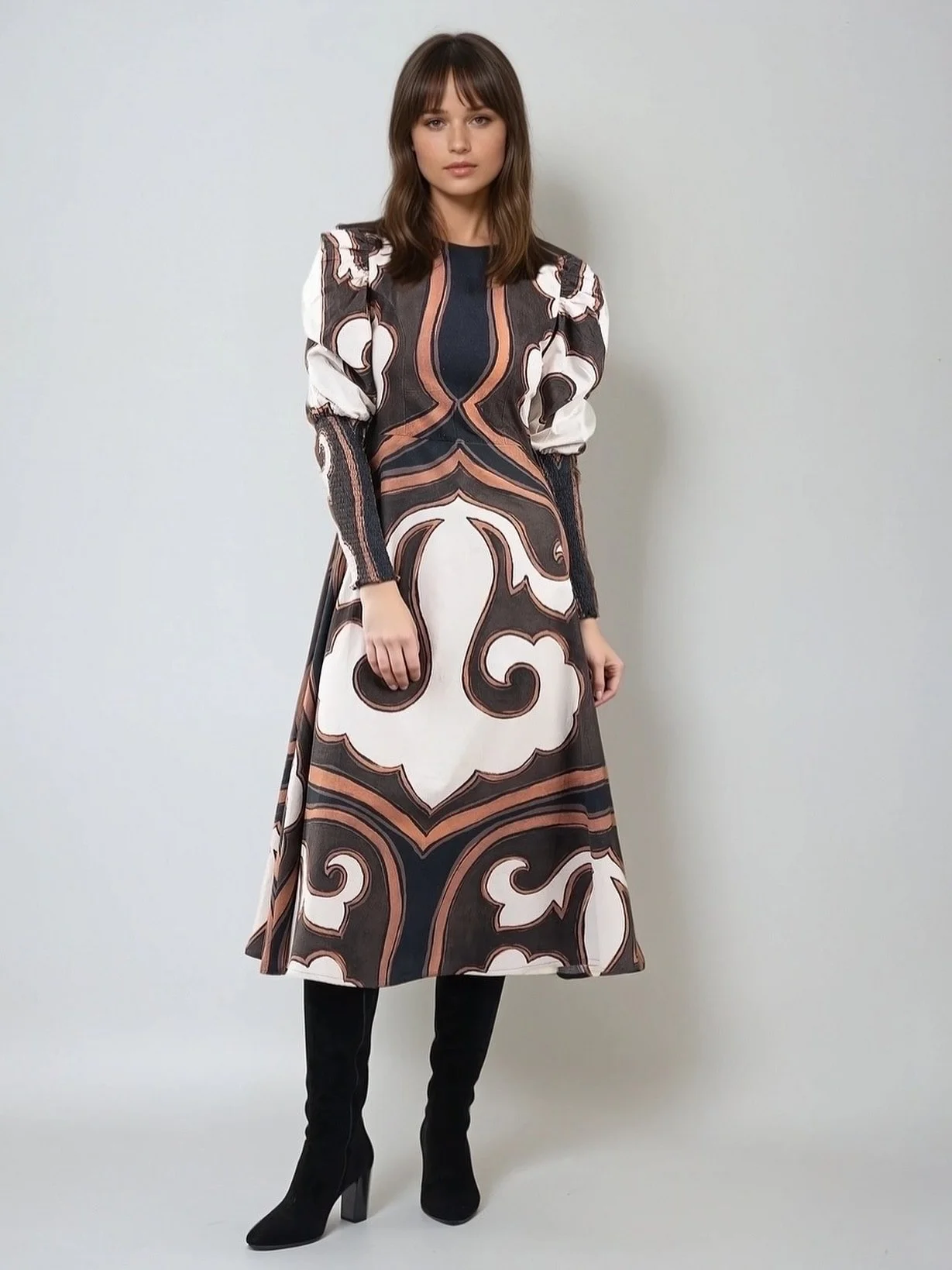Statement Midi Dress With Knee-High Boots