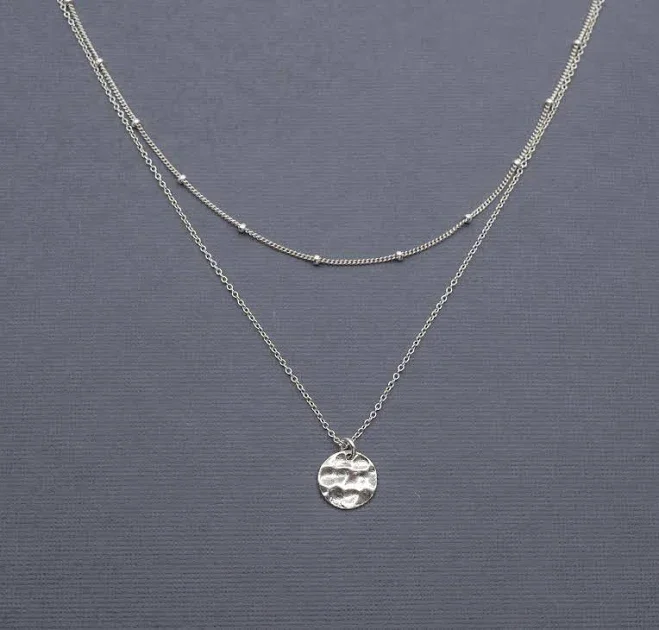 Sterling Silver Hammered Disc Satellite Chain Choker Necklace