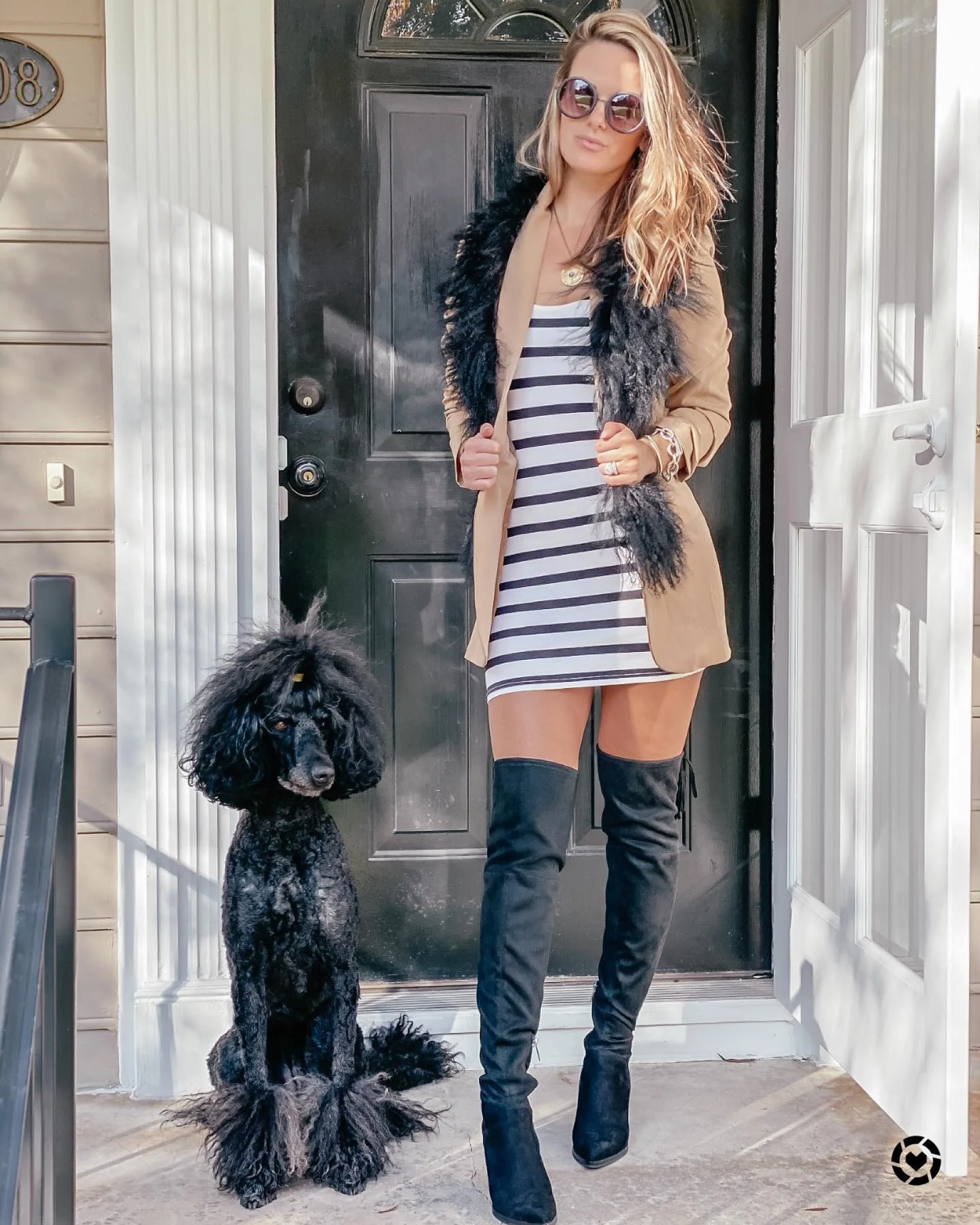 Stripe Mini Dress With Camel Blazer and Over-the-Knee Boots