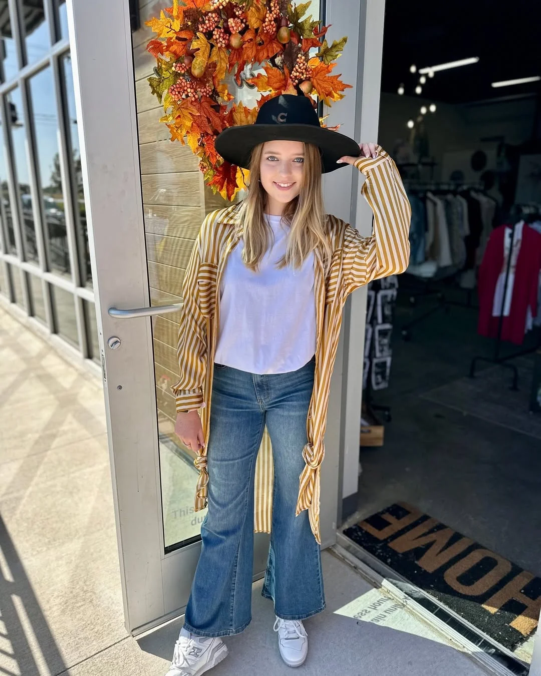 Striped Duster And Flare Jeans Casual Fall Look
