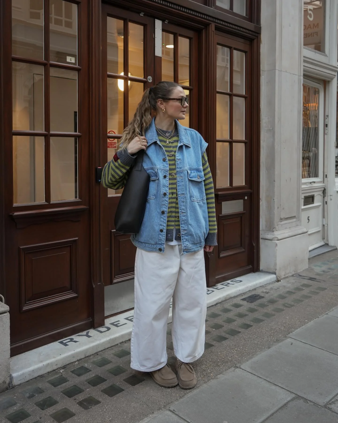 Striped Knit With Denim Vest And Wide Leg Trousers