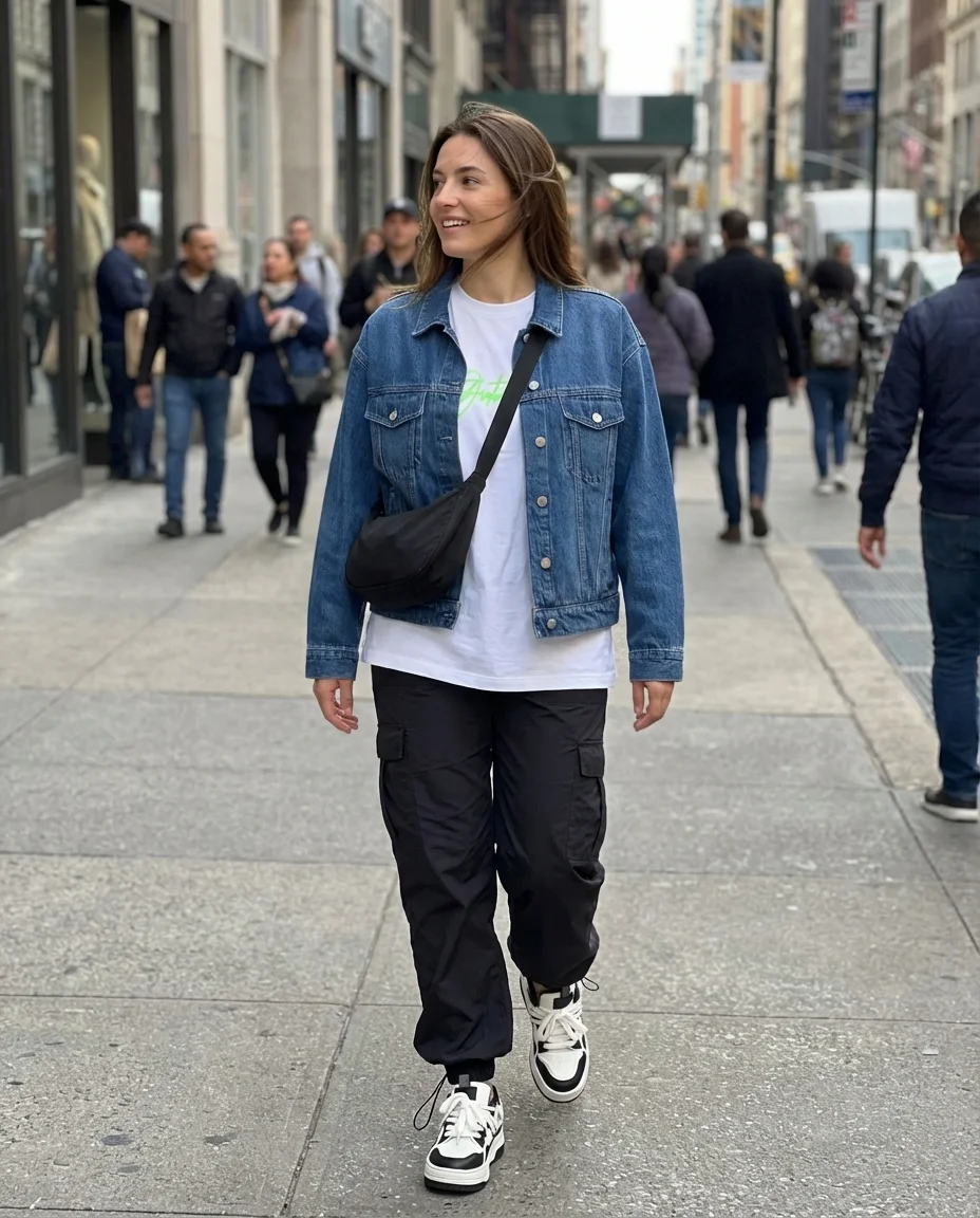 Stylish dark wash denim jacket paired with black cargo pants and chunky sneakers, perfect for cool urban summer streetwear style.