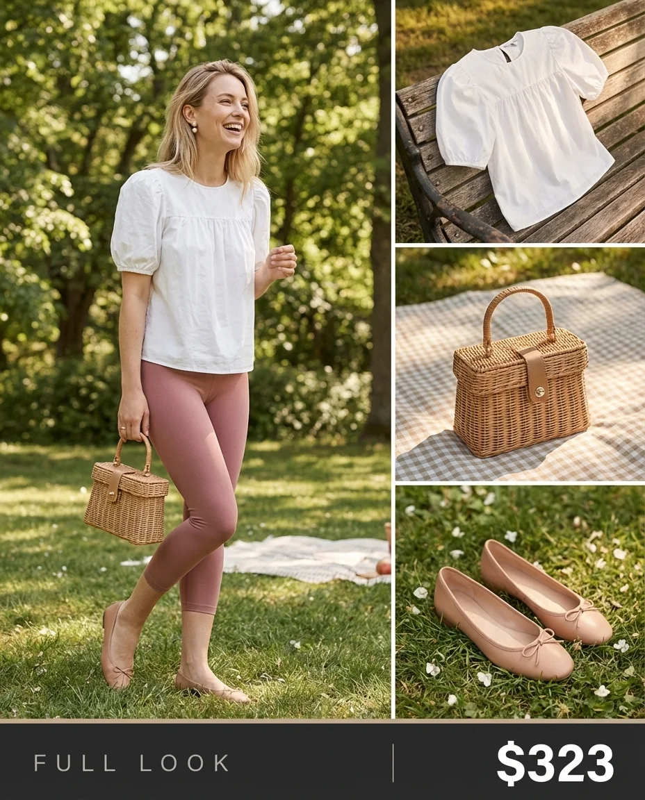 Sweet picnic outfit with dusty rose cropped leggings, a white puff-sleeve top, nude ballet flats, and a wicker basket bag. Feminine summer leggings outfits 2026.