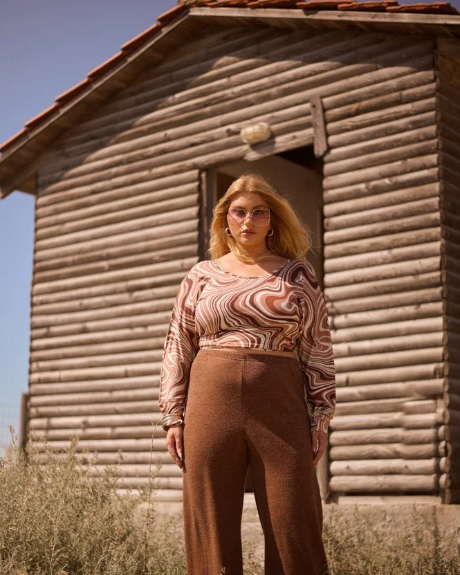 Swirl Print Crop Top With Wide Leg Knit Pants