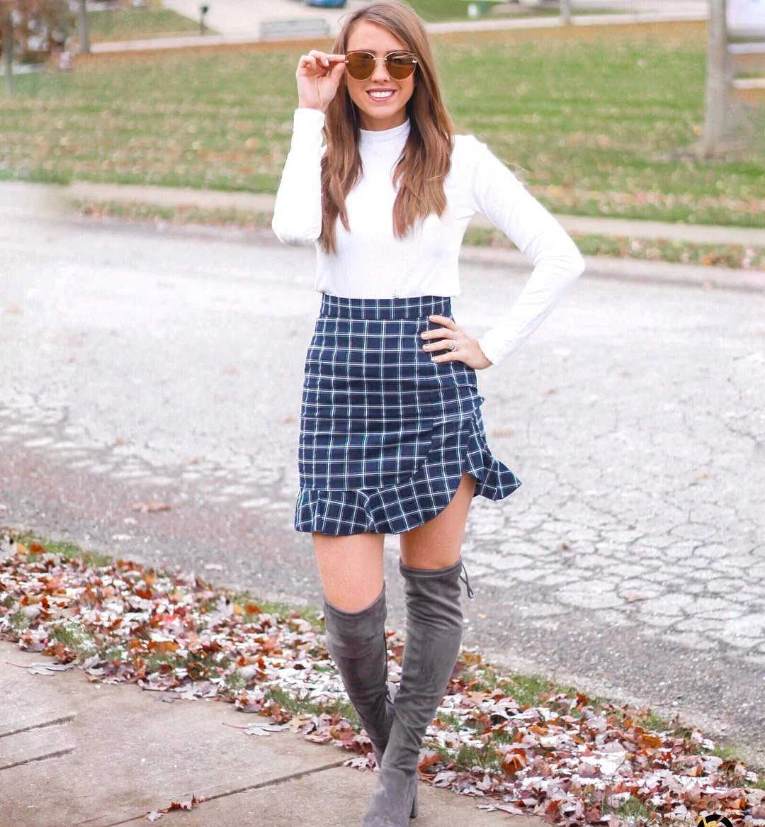 Tartan Mini Skirt With Over-the-Knee Boots