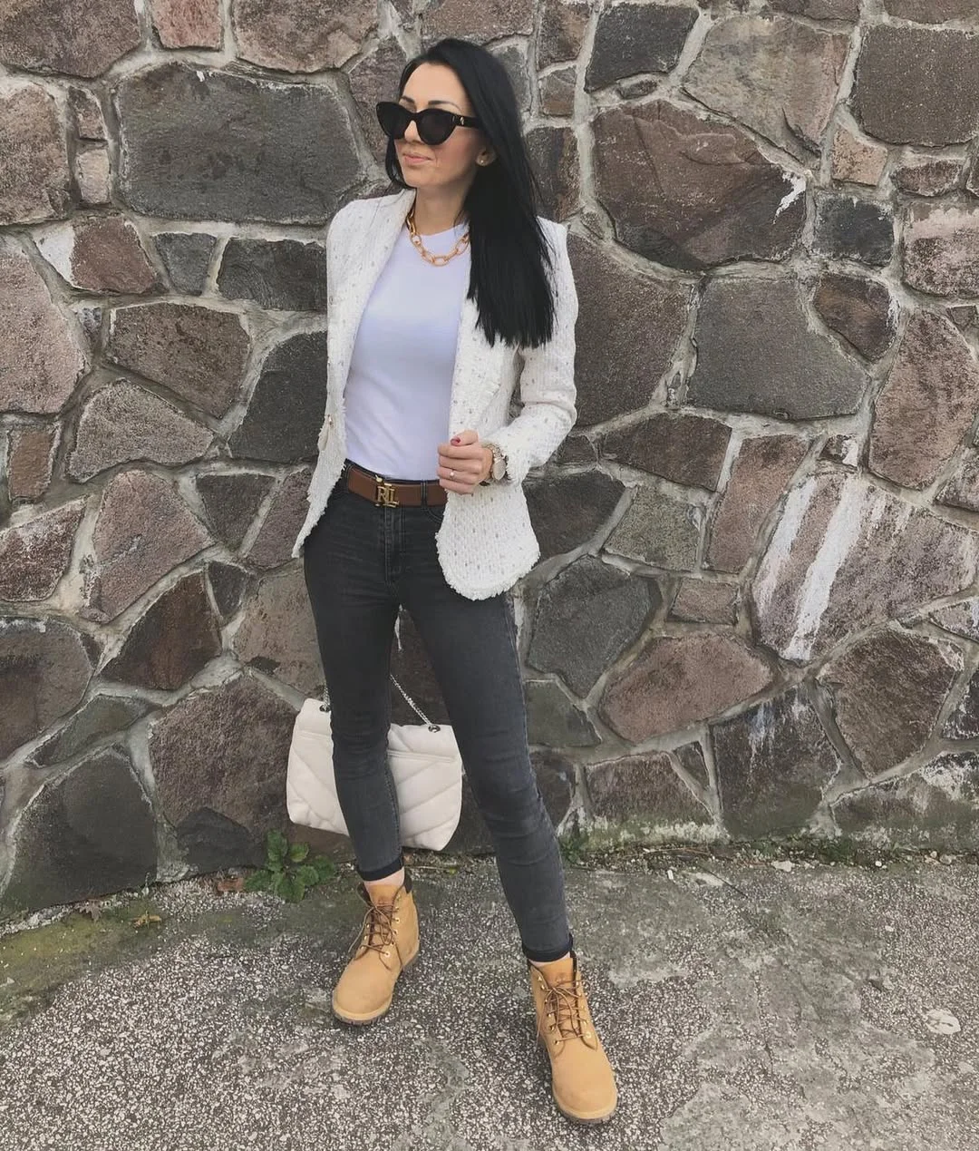 Textured Blazer With Dark Wash Denim And Boots