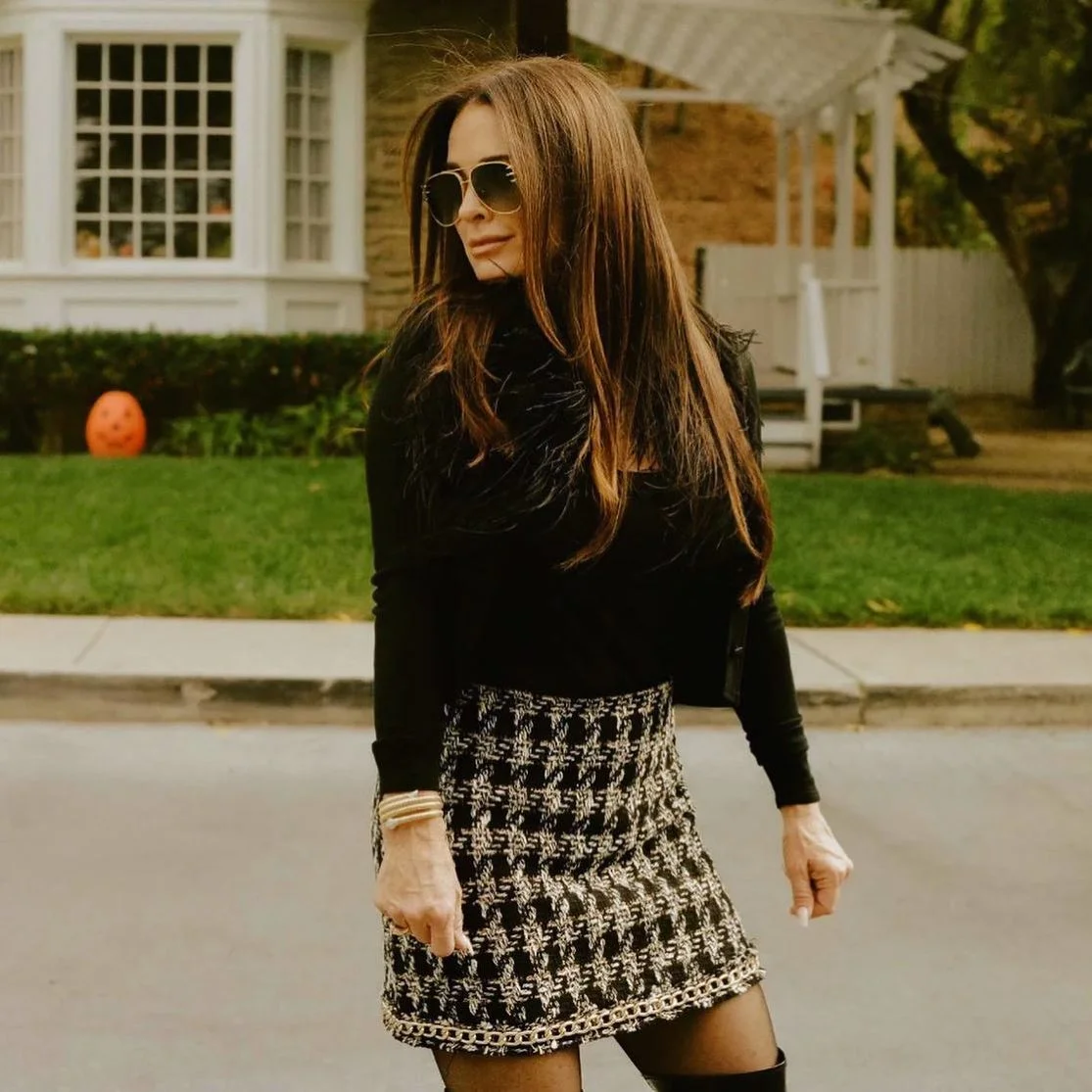 Textured Tweed Skirt With Feather Trim Top