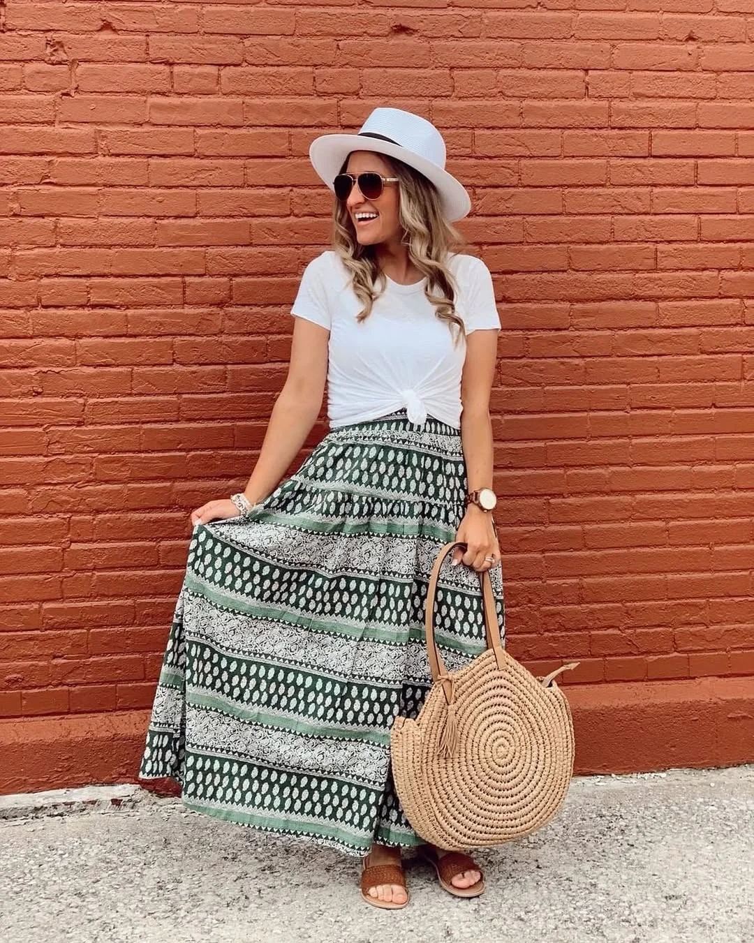 Tiered Maxi Skirt With Knotted Tee And Straw Tote