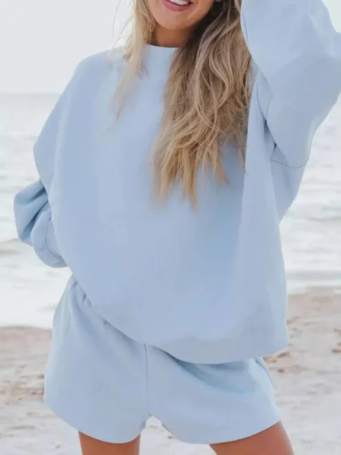 Trendsi Relaxed Fit Round Neck Sweatshirt and Shorts Set
