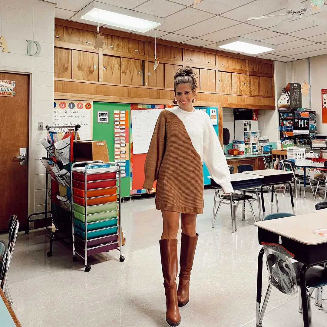 Two-Tone Sweater Dress with Brown Knee-High Boots