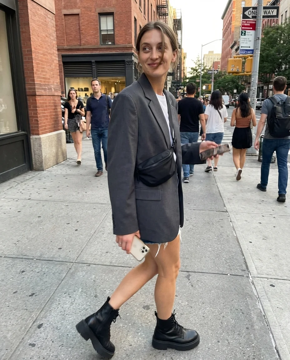 Urban Edge Goddess baddie summer outfit for a concert, featuring distressed denim cutoff shorts, a grey graphic crop top, an oversized black blazer, and black combat boots.