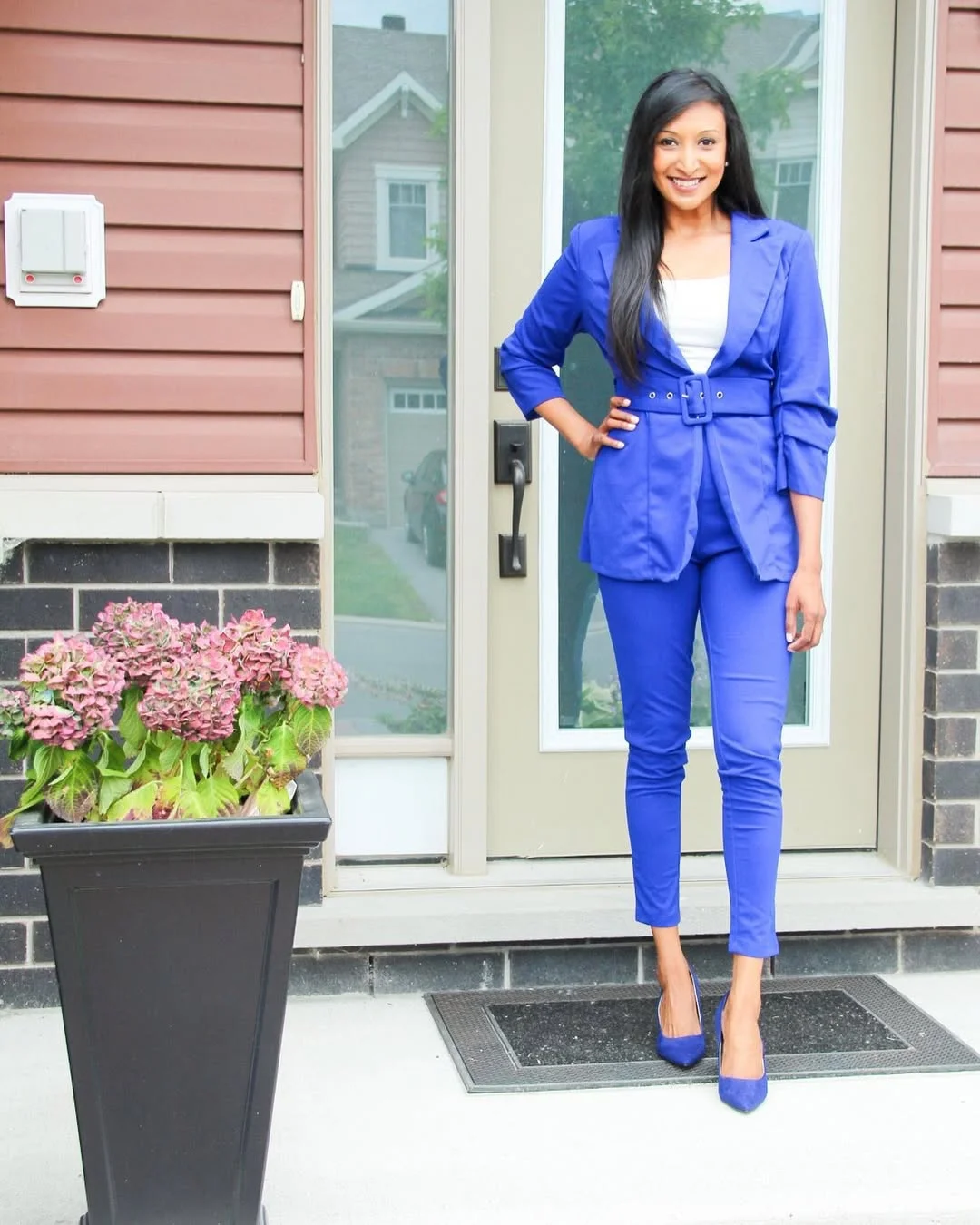 Vibrant Blue Belted Blazer And Trouser Power Suit