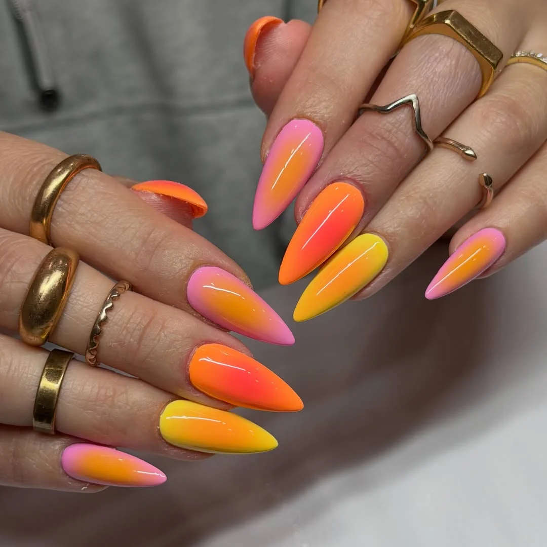 Vibrant Pink Orange Yellow Ombré Stiletto Nails
