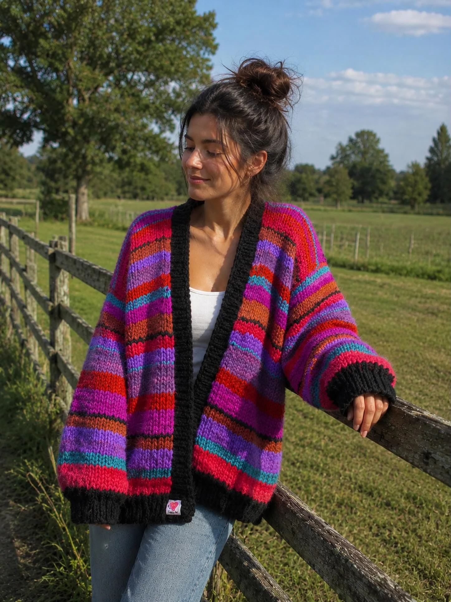 Vibrant Striped Chunky Knit Cardigan With Denim