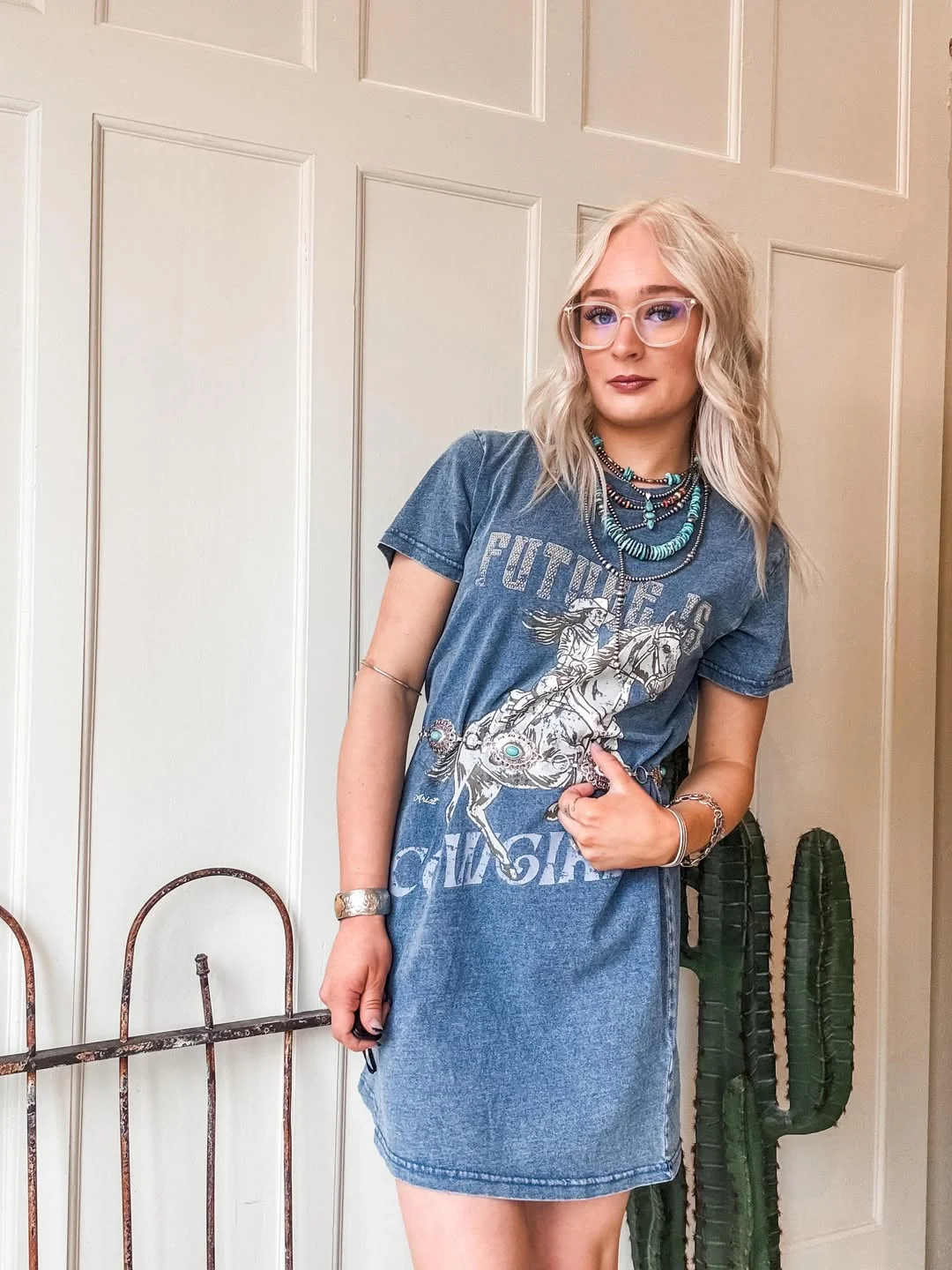 Western Graphic Tee Dress With Turquoise Accessories