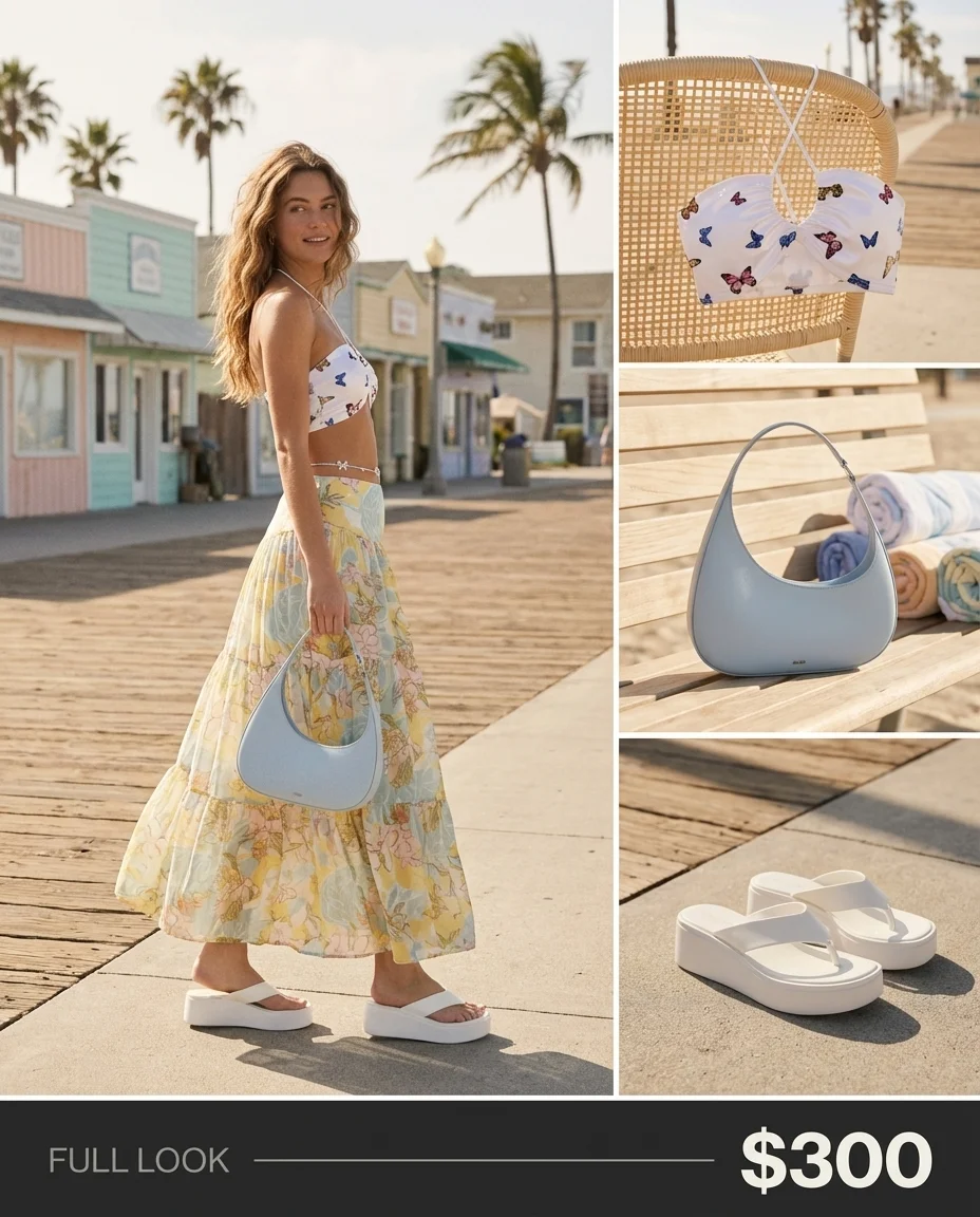 Whimsical y2k summer outfits 2026 with a white satin halter neck crop top with butterfly embroidery, pastel tiered maxi skirt, platform flip-flops, light blue shoulder bag, and rhinestone belly chain.