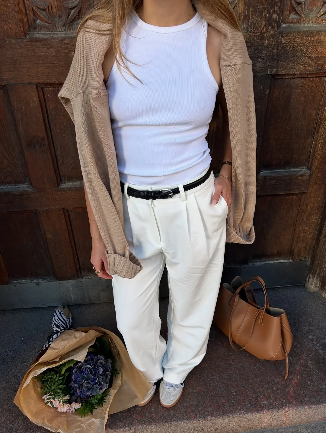 White Ribbed Tank With Cream Pleated Trousers and Cardigan