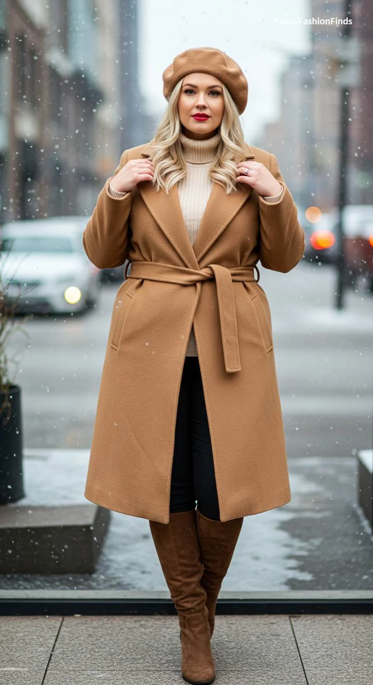 Woman in a belted camel coat and beret in the snow