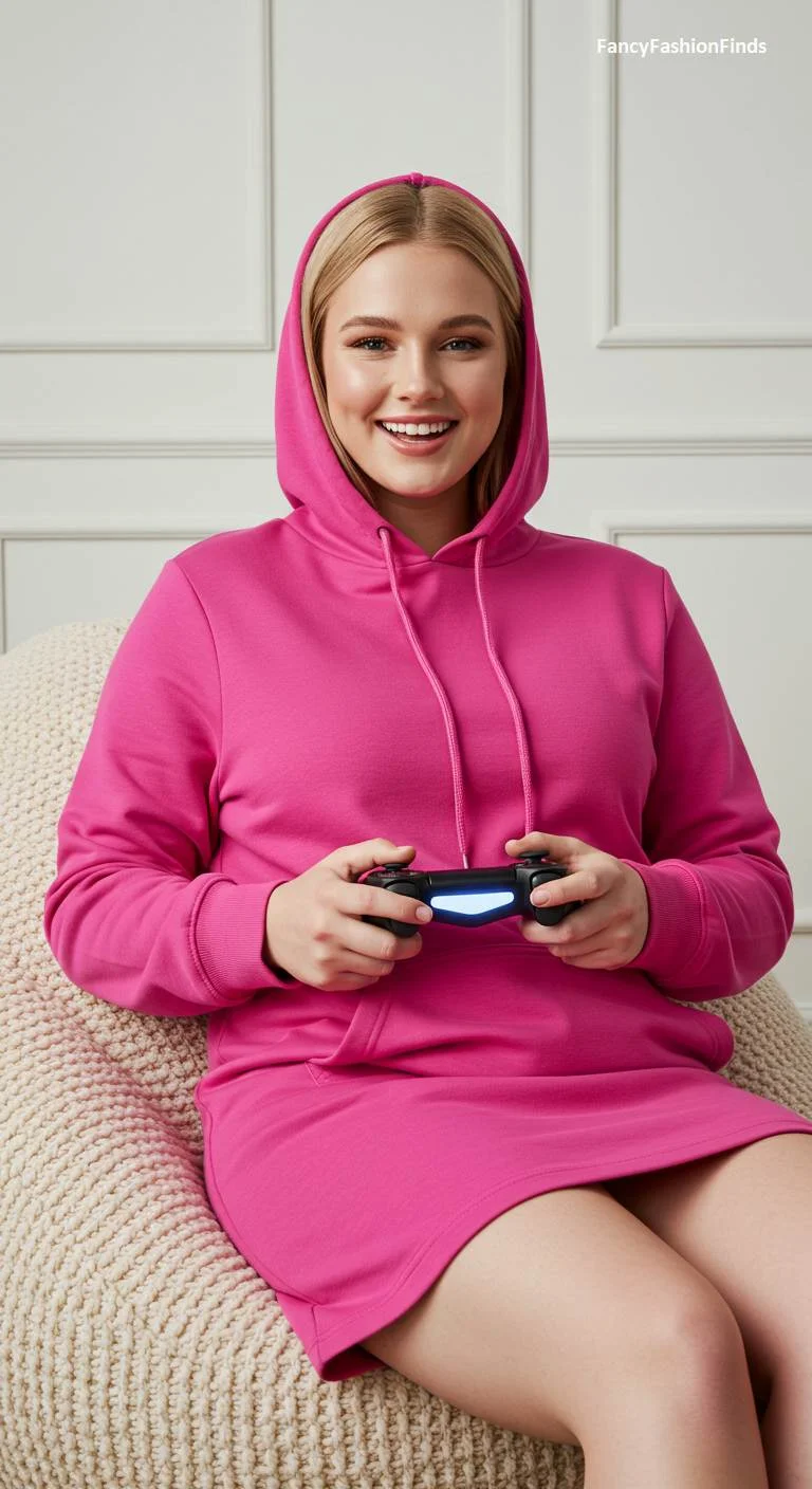 Woman in a bright pink hoodie dress