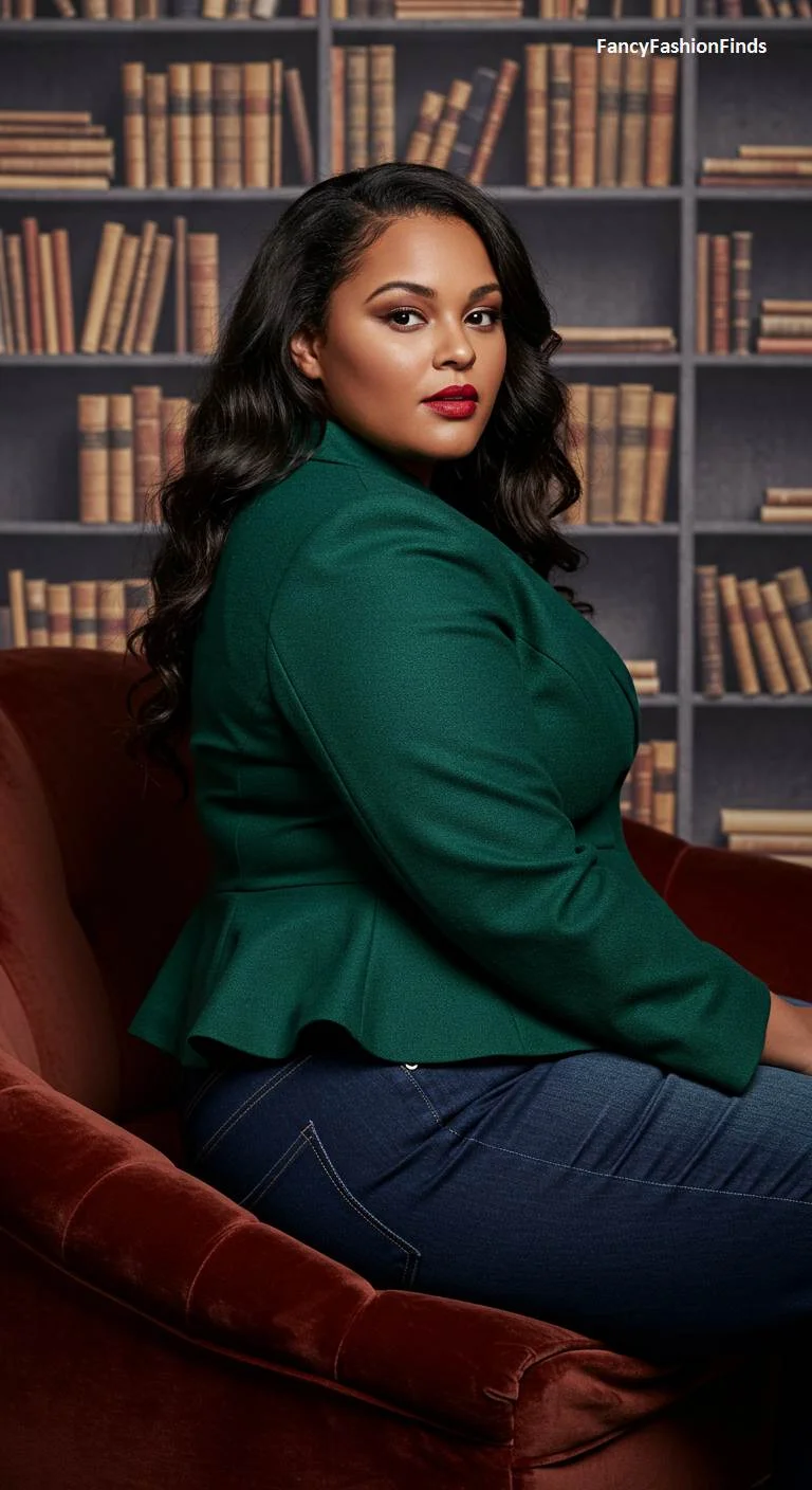 Woman in a dark green peplum blazer and jeans
