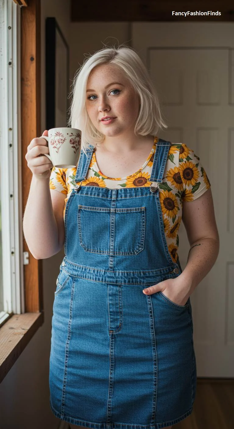 Woman in a denim overall dress and a sunflower t-shirt