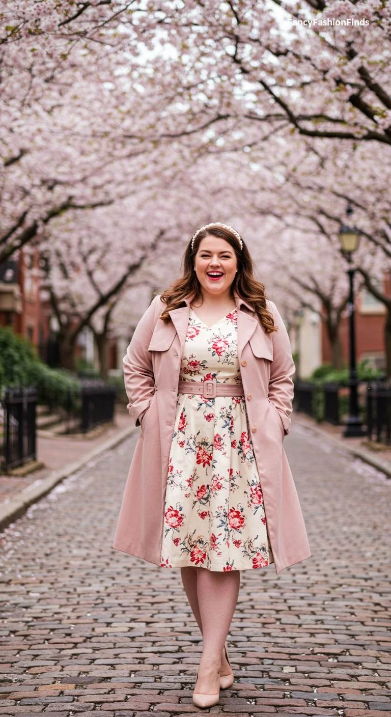 Woman in a floral dress and a pink trench coat