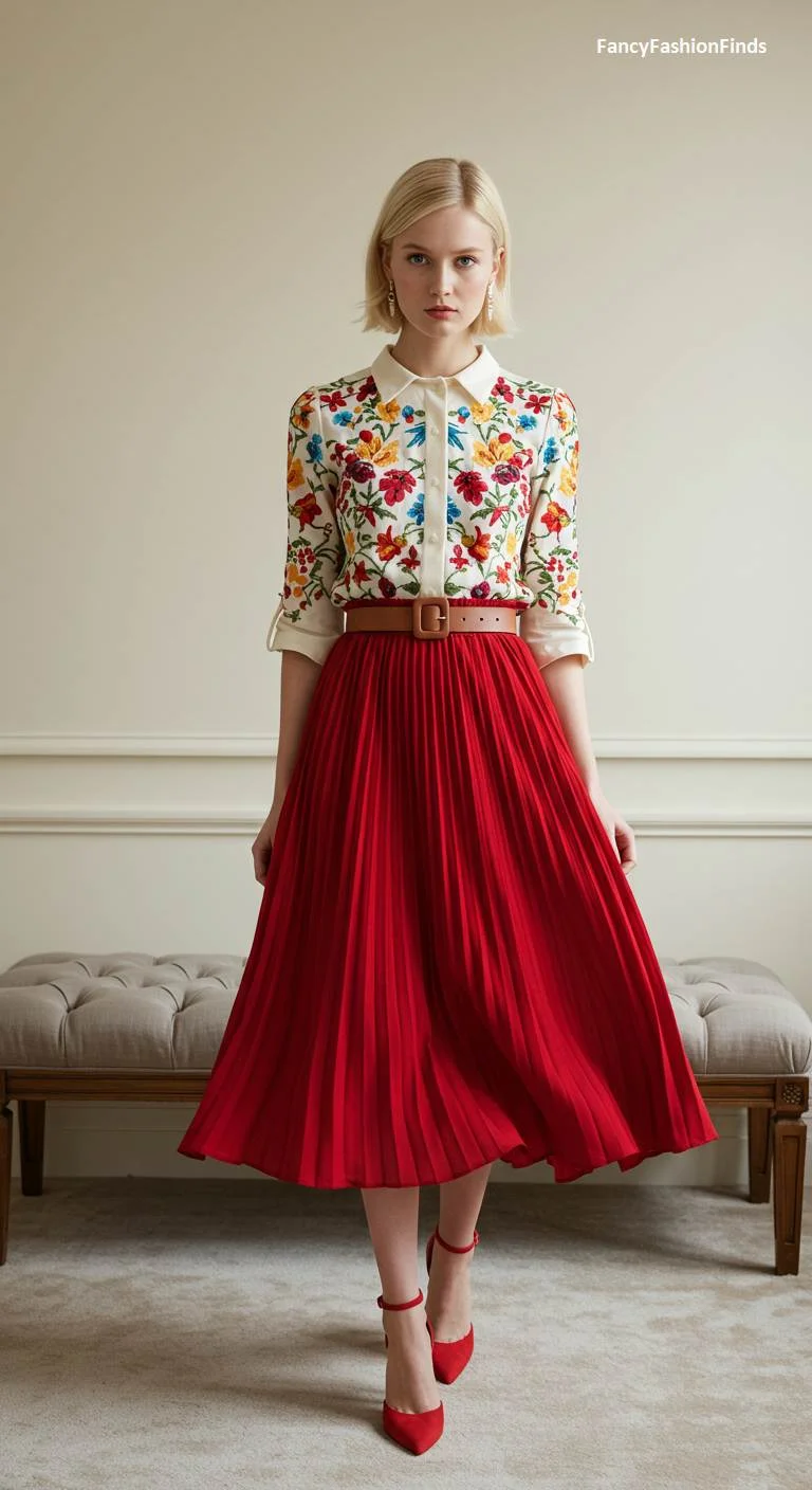 Woman in a floral shirt and a red pleated skirt