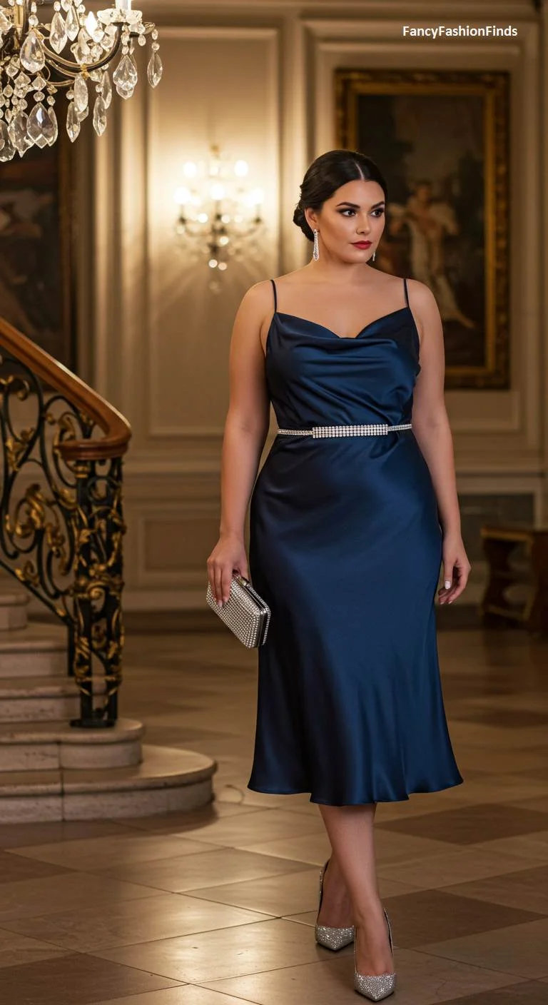 Woman in a formal hall wearing a navy satin slip dress