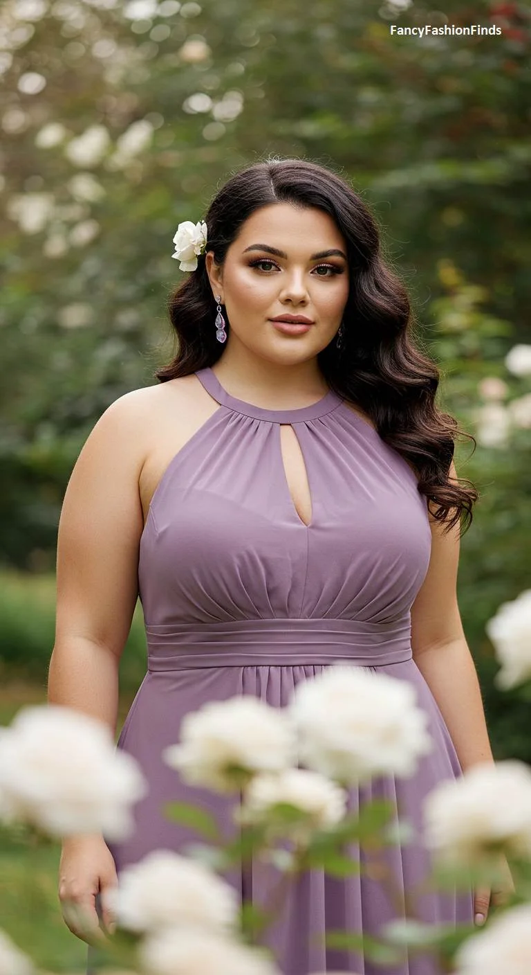 Woman in a garden wearing a lavender halter neck formal dress