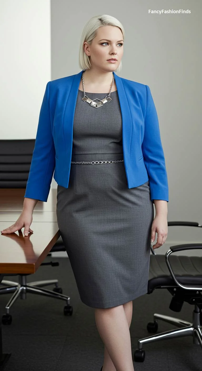 Woman in a grey sheath dress and a bright blue cropped jacket