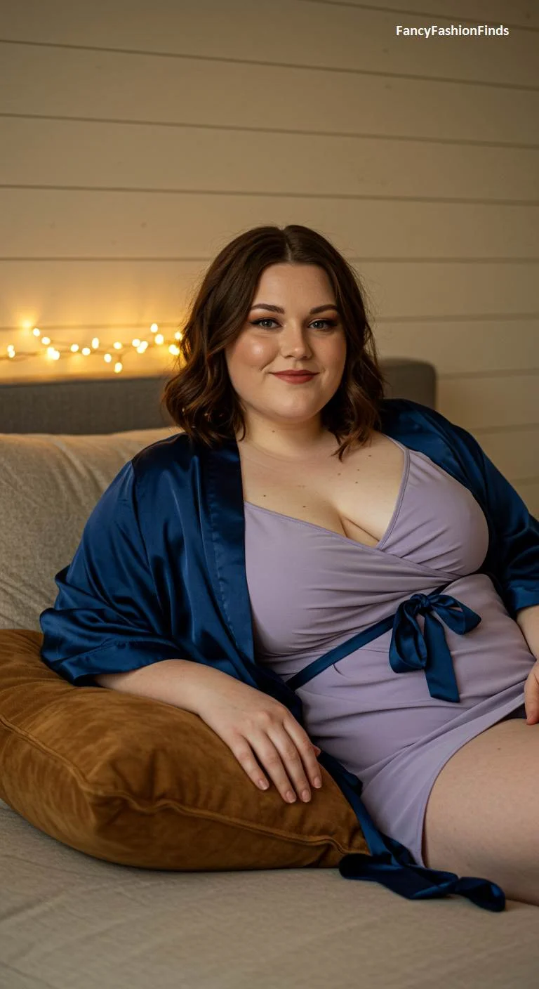 Woman in a lavender slip and a navy satin robe