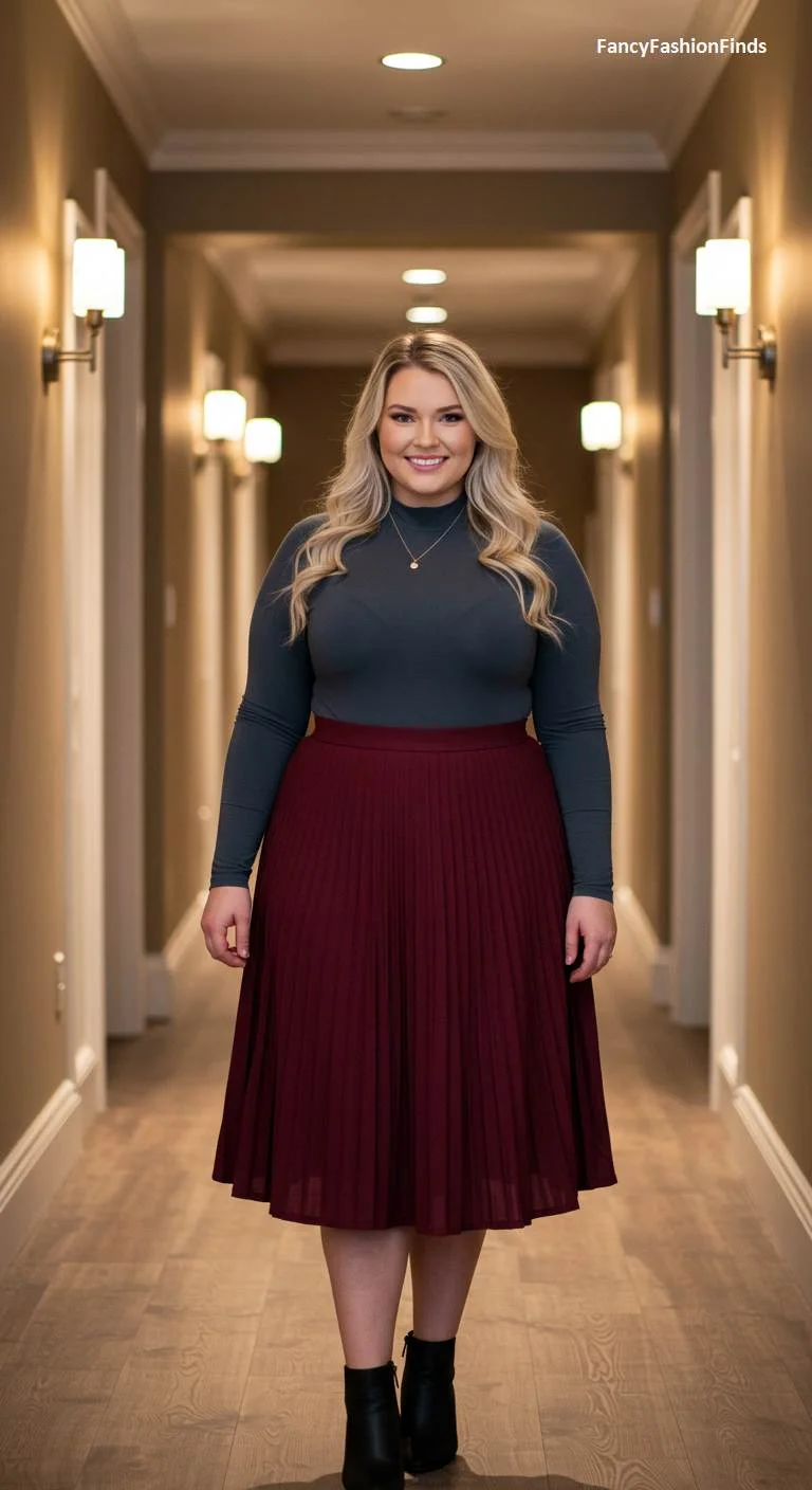 Woman in a long-sleeve top and a pleated burgundy midi skirt