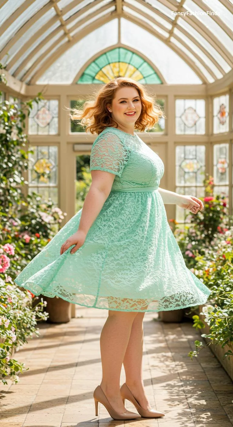 Woman in a mint green lace fit-and-flare dress
