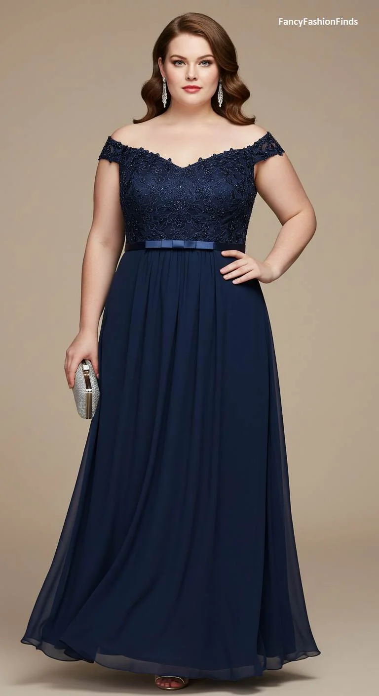 Woman in a navy blue off-the-shoulder formal gown