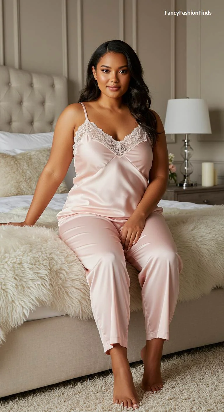 Woman in a pink satin pajama set with a lace-trimmed cami