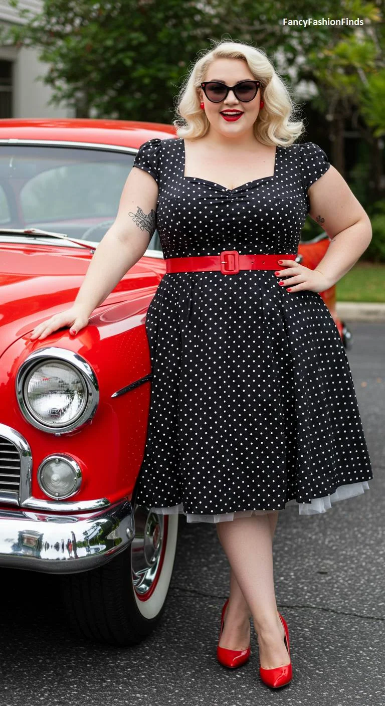 Woman in a retro polka dot dress next to a vintage car