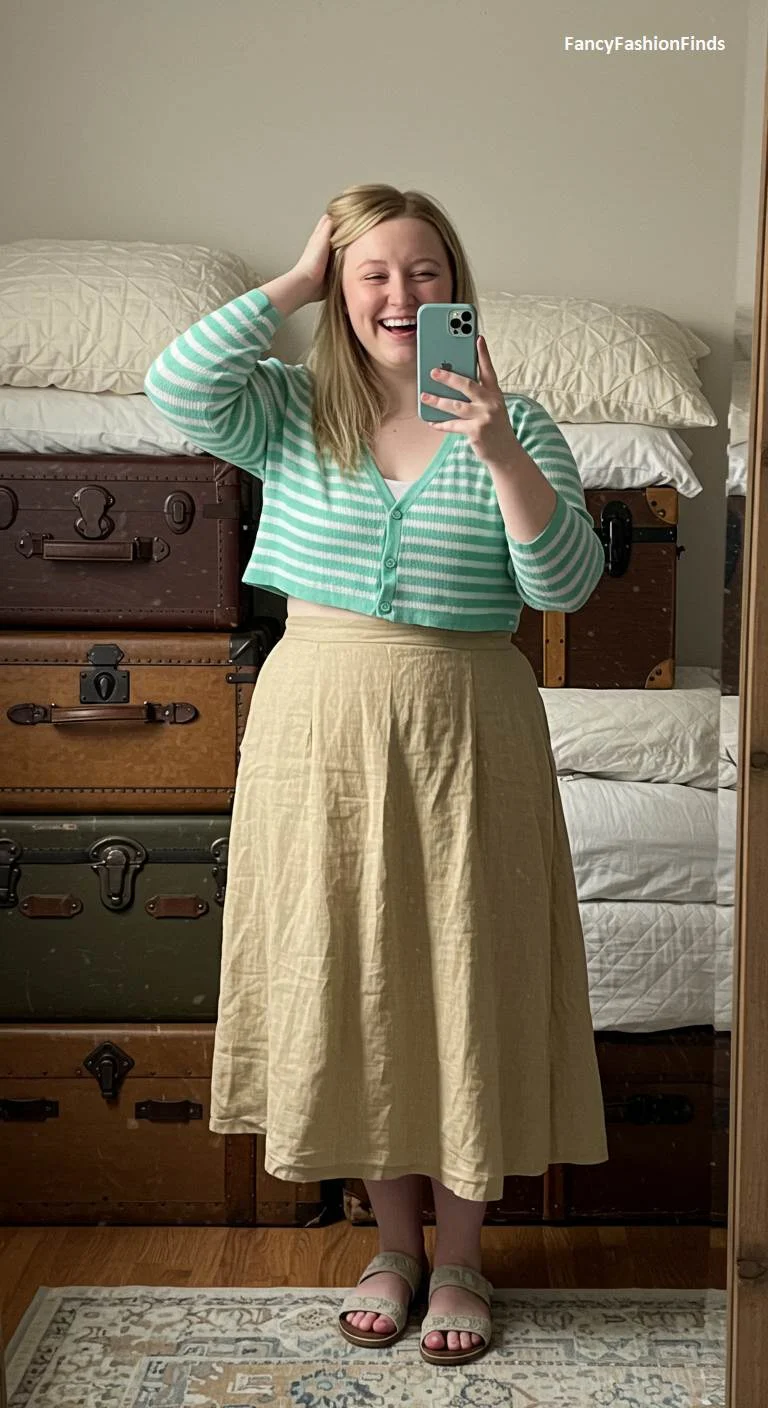 Woman in a striped cropped cardigan and a linen midi skirt