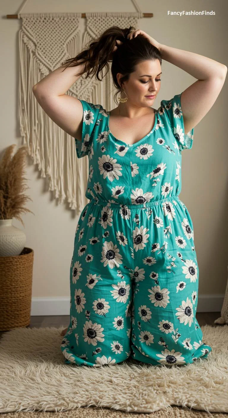 Woman in a teal jumpsuit with a white sunflower print