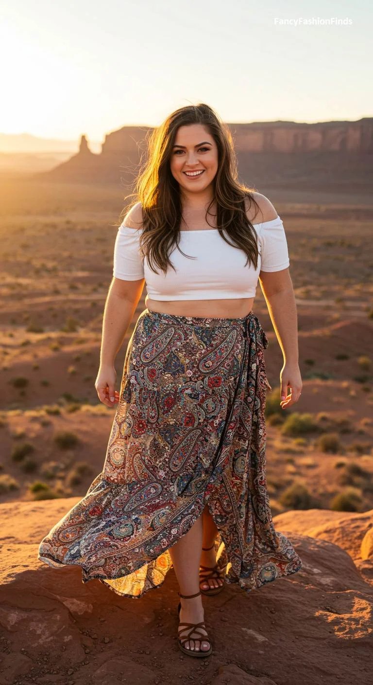 Woman in an off-the-shoulder top and paisley wrap skirt