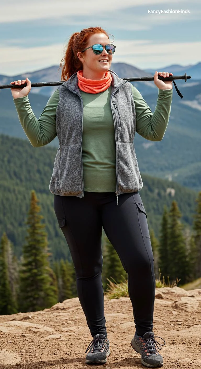 Woman in hiking gear with a fleece vest