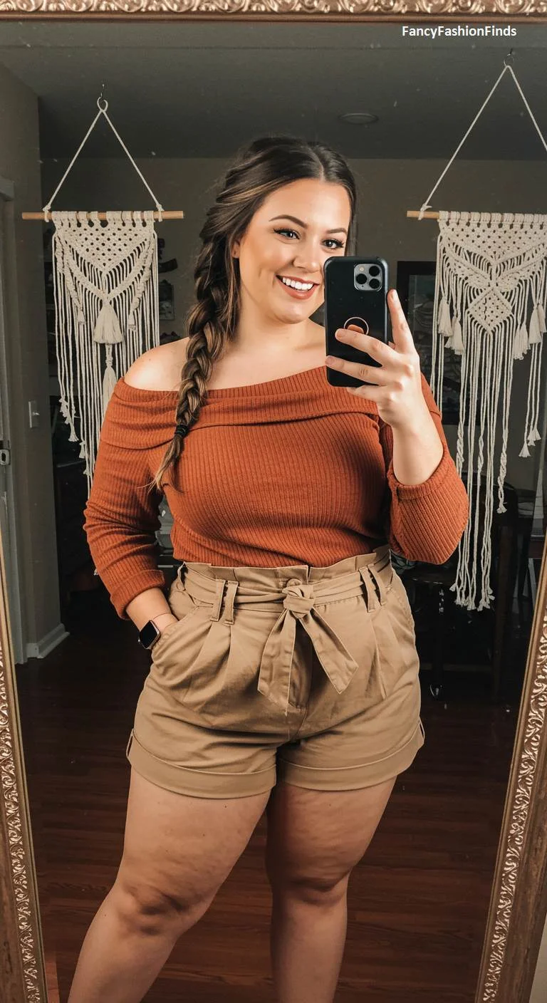 Woman in paper-bag shorts and an off-the-shoulder top
