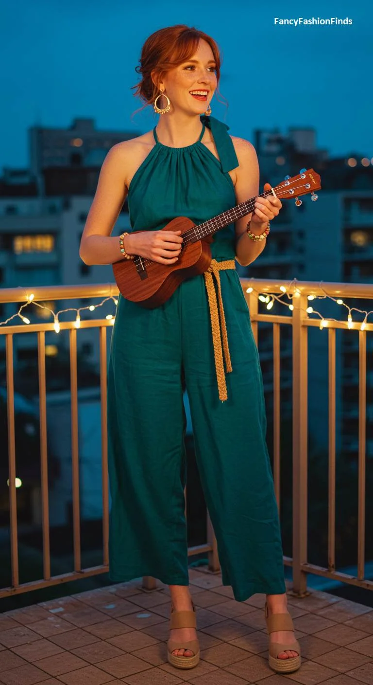 Woman on a rooftop playing a ukulele in a green jumpsuit